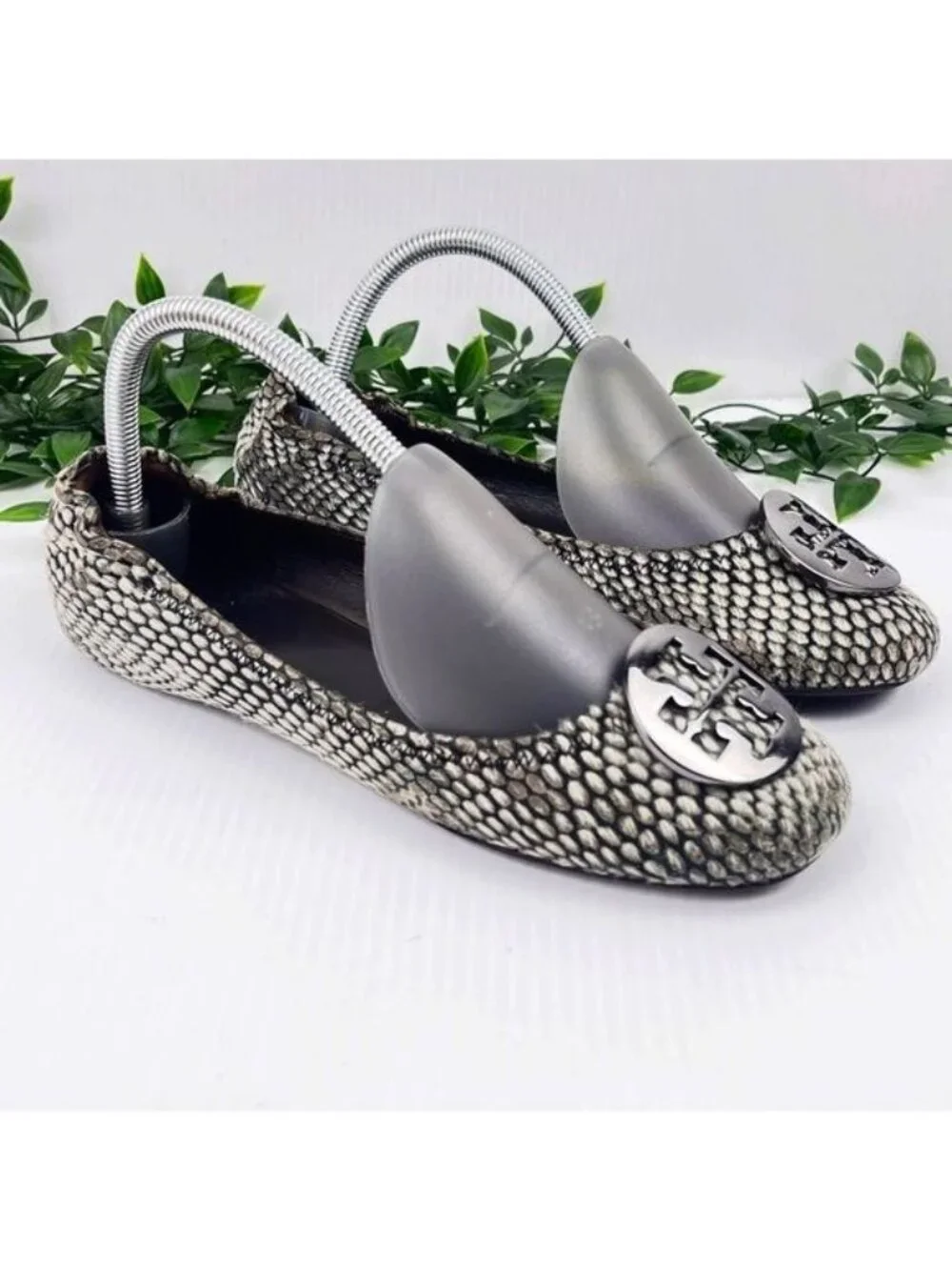 Tory Burch Reva Snake Printed Calf Hair gray Flat 7.5